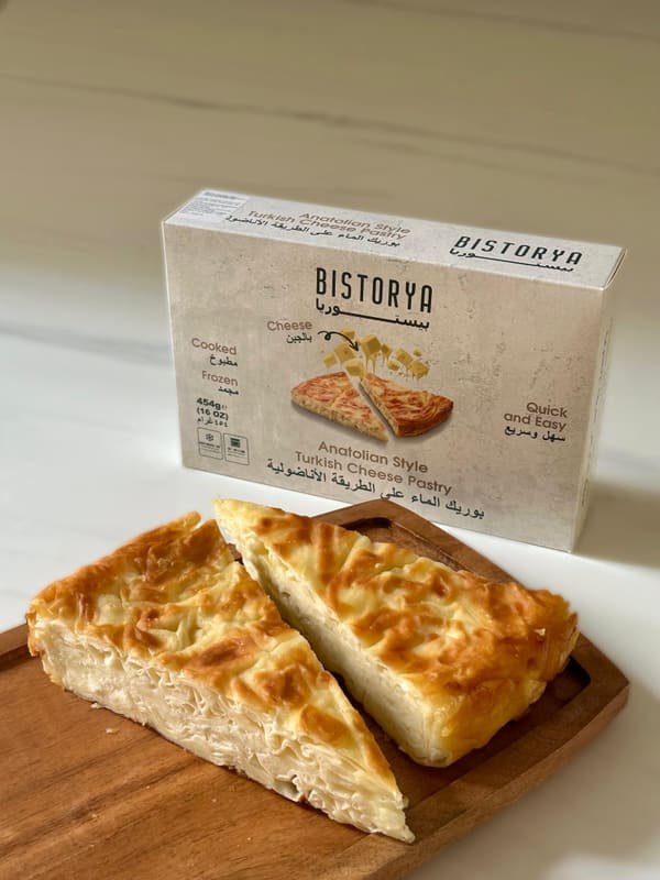 Bistorya Anatolian-style cheese pastry, sliced, with its box